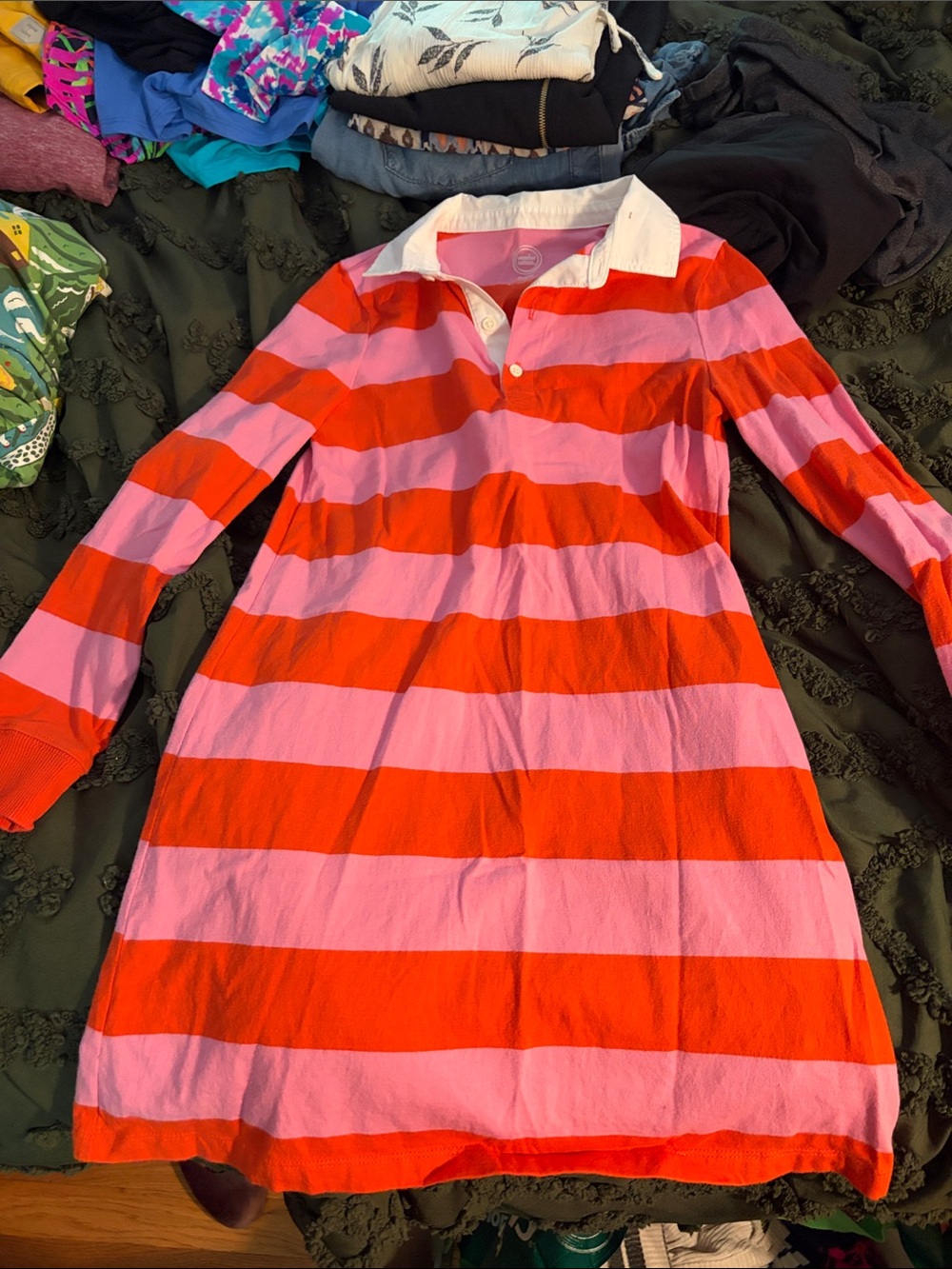 wonder nation Pink and Red Striped Long Sleeve Polo Dress